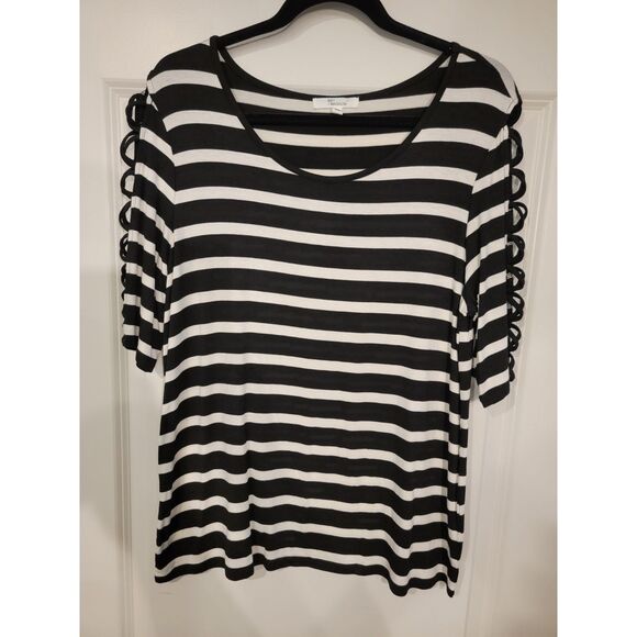 89th & Madison Black and White Striped Top with Cutout Sleeve Detail - Size L - Picture 1 of 6
